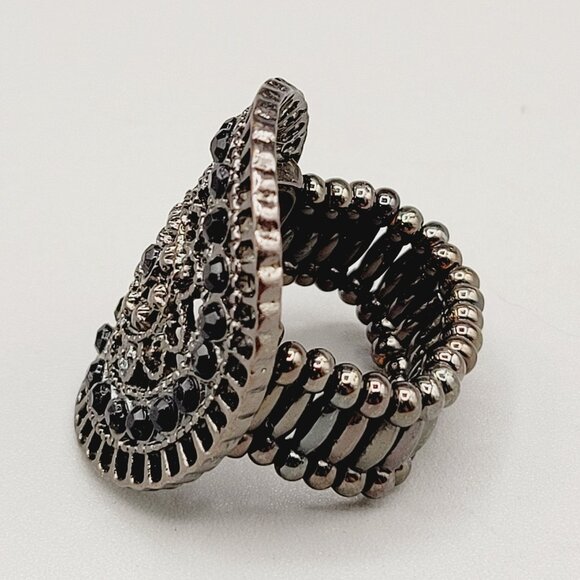 Boho Style Stretch Band Ring Open Work Black Glass Rhinestones Size 8-15 Ladies - Picture 4 of 6